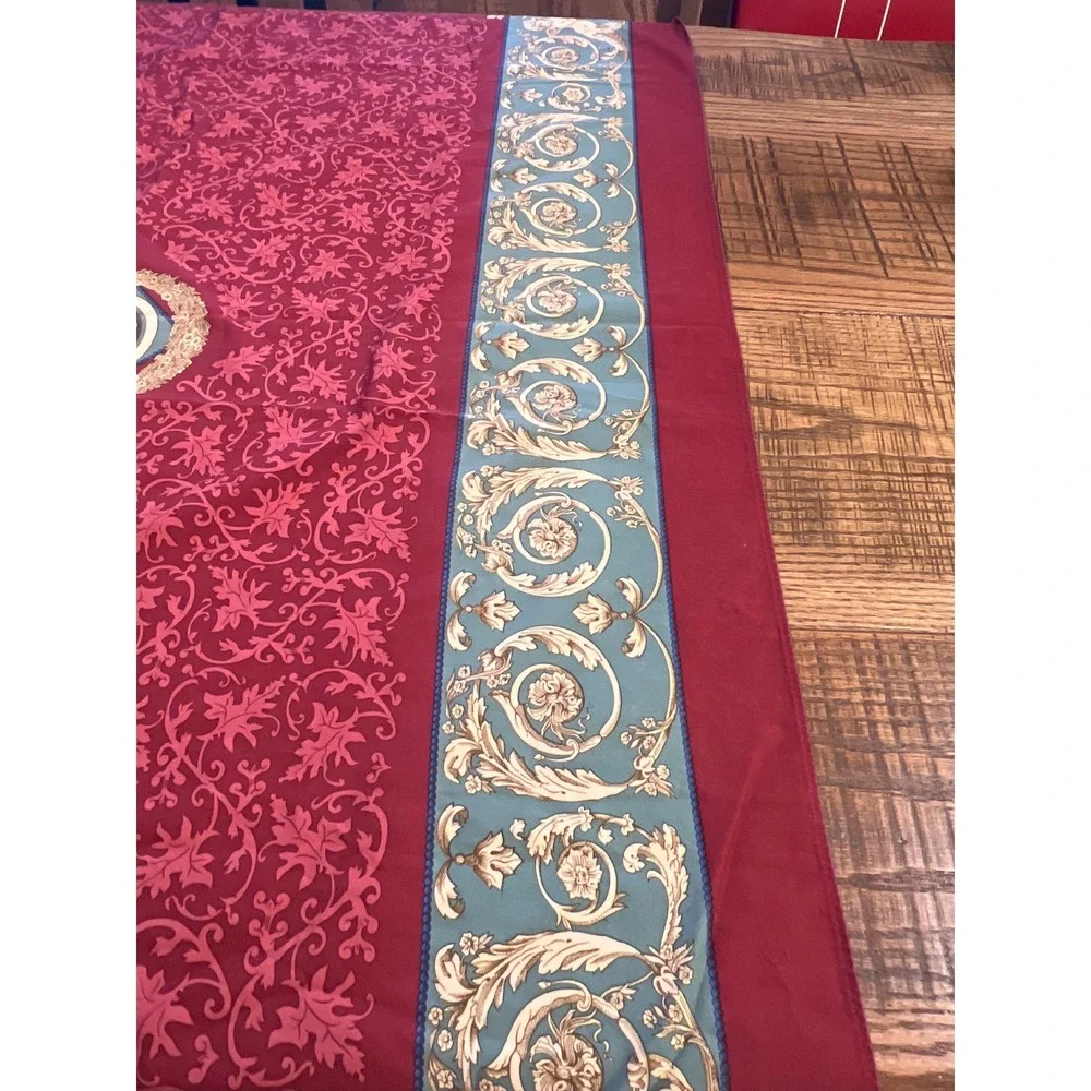Beauville French Cherub Medallion Tablecloth Cotton Linen Burgundy Elegant 92x64